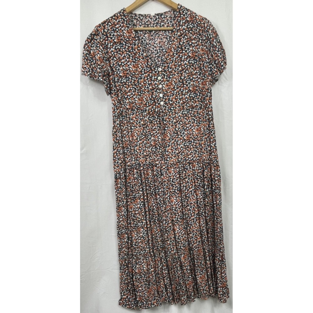 Women Midi Dress L‎ Orange Floral A-Line Tier Cottage Puff Short Sleeve